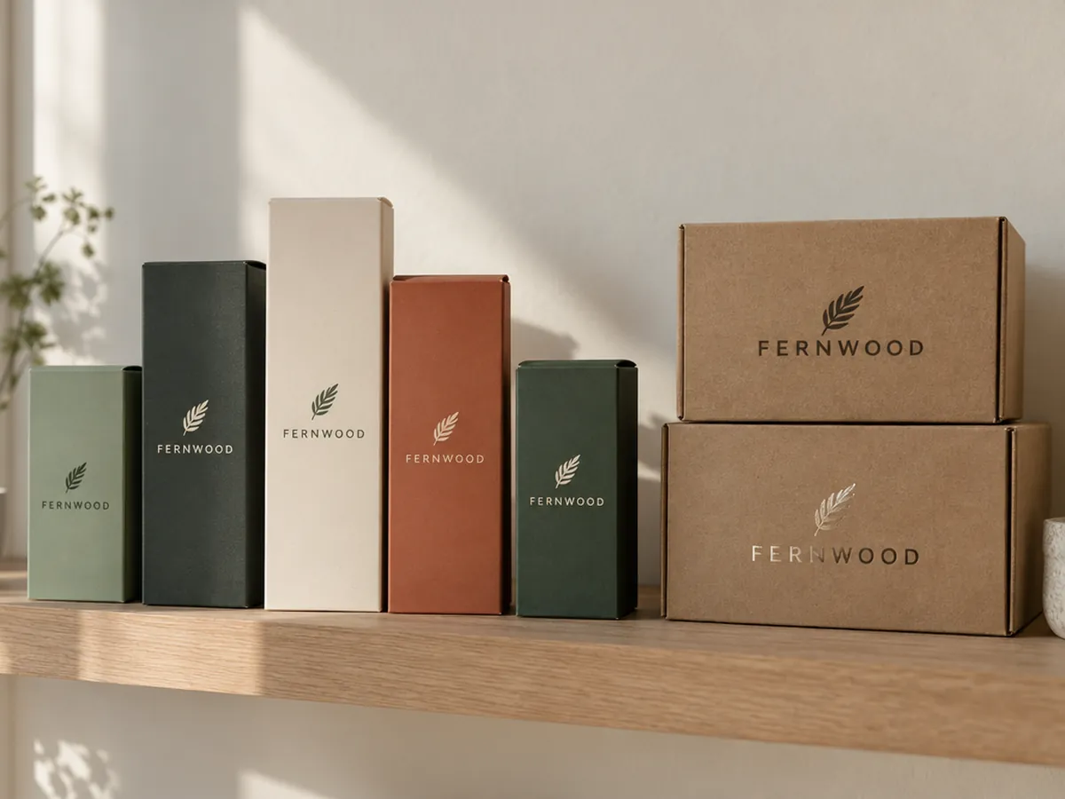 A row of custom printed retail product boxes and kraft shipping boxes in sage, charcoal, cream and terracotta