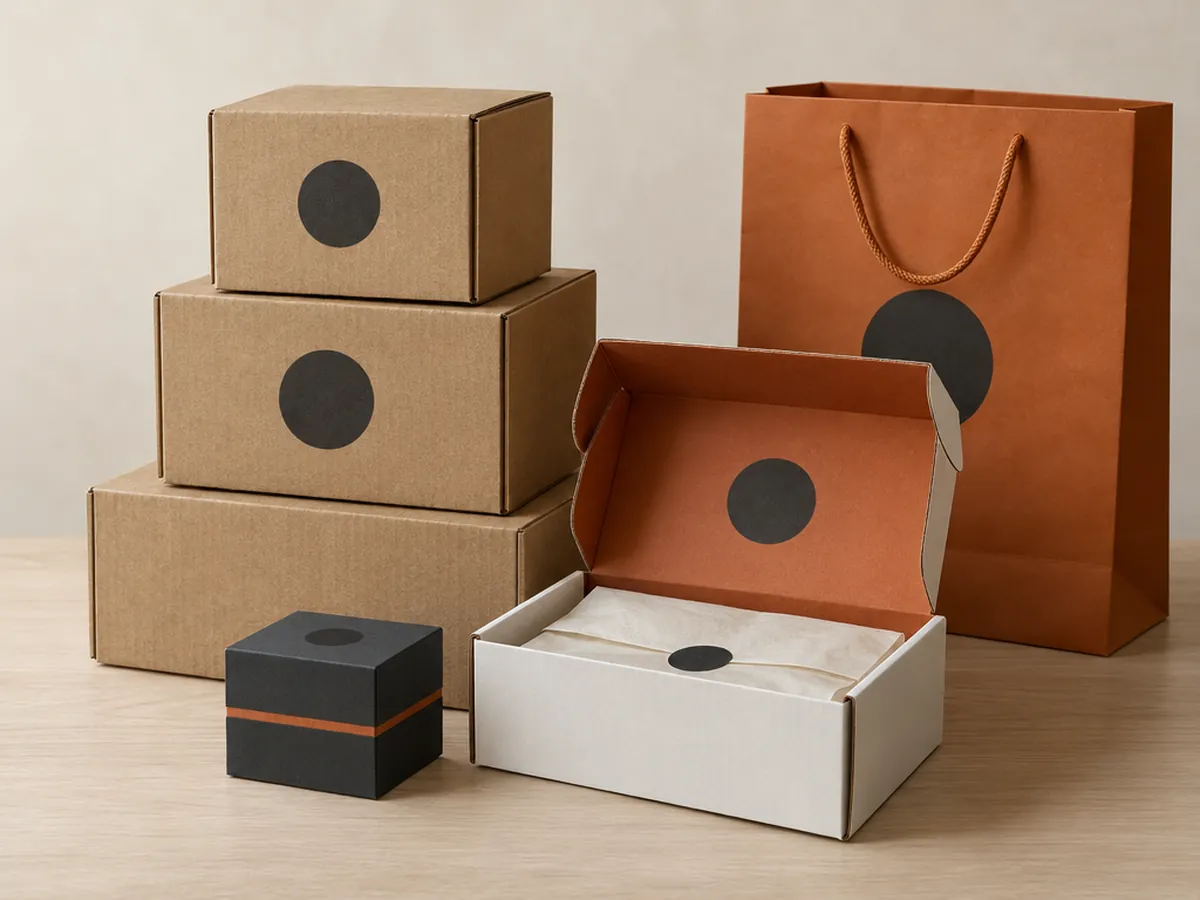 Custom printed kraft shipping boxes, an open white mailer box with orange interior, a charcoal retail box and a branded shopping bag