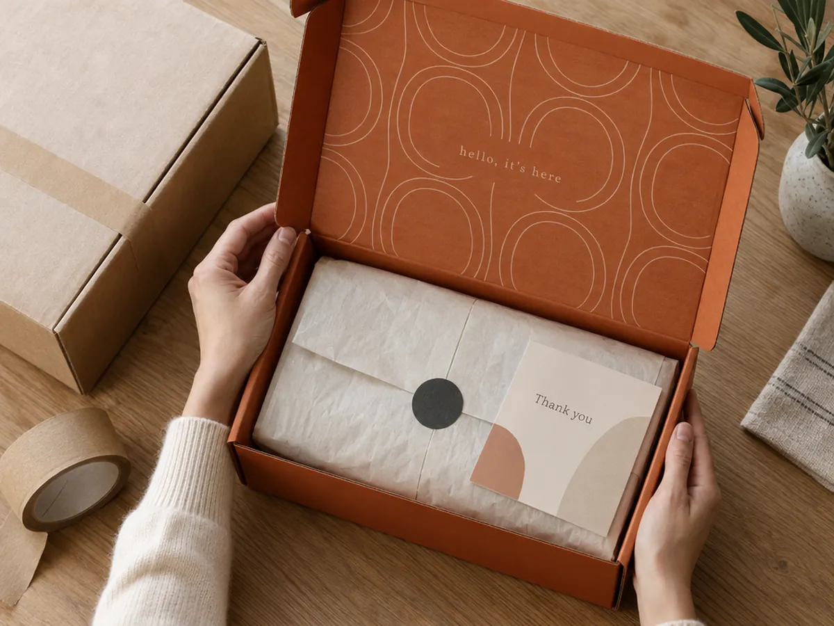 Hands opening an orange printed mailer box with tissue paper, a sticker seal and a thank-you card inside