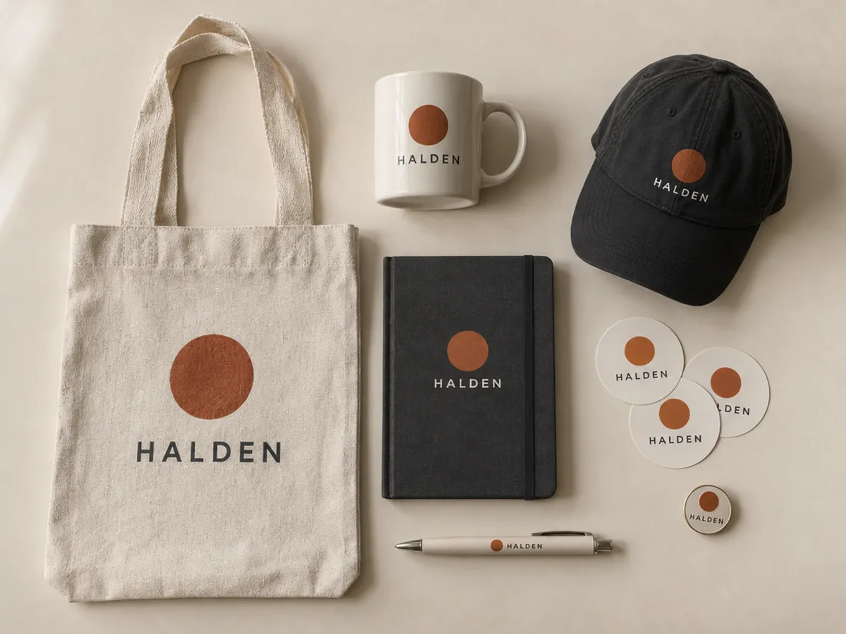 Branded promotional items: tote bag, mug, notebook, cap, stickers, pin and pen with the same logo