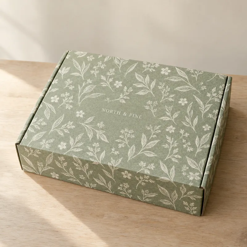 Mailer box in sage green with a white spring leaf pattern