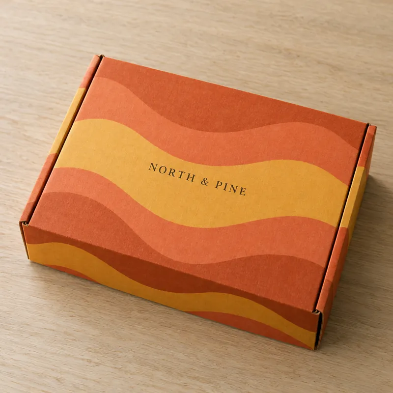 The same mailer box with orange, coral and yellow summer stripes
