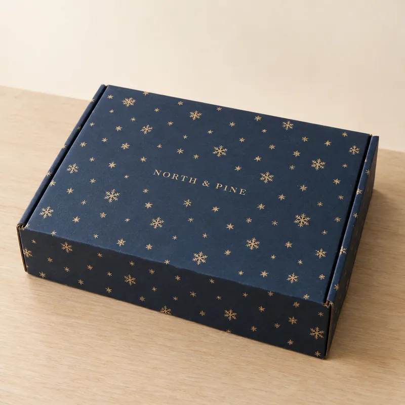 The same mailer box in navy with gold stars and snowflakes for the holidays